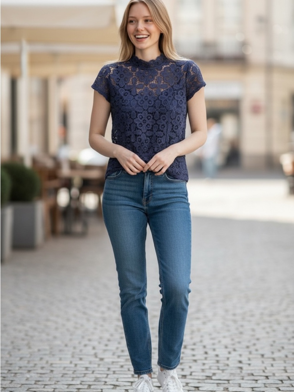 INTERMIX Navy Floral Crochet Lace Short Sleeve Top - Picture 4 of 4